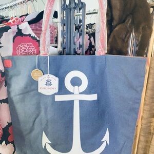 NWT L: Reversible Nautical Anchor Canvas Tote red handles/ red striped reverse